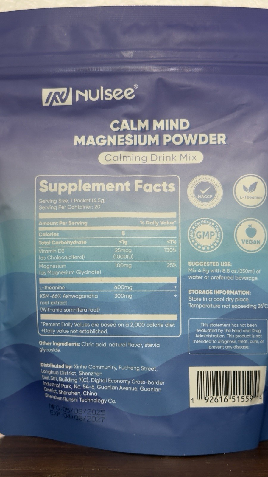 Nulsee Calm Mind Magnesium Powder Drink Mix Lemon 0g Sugar Vegan 20 Pack 90g