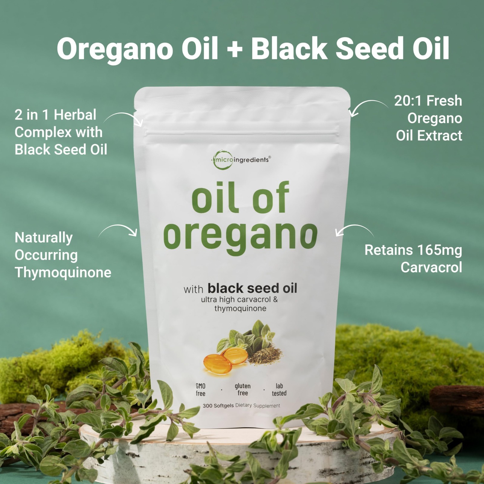 Oregano Oil Softgels 300 Count | 2-in-1 Black Seed Oil | 4X Carvacrol & Thymoqui