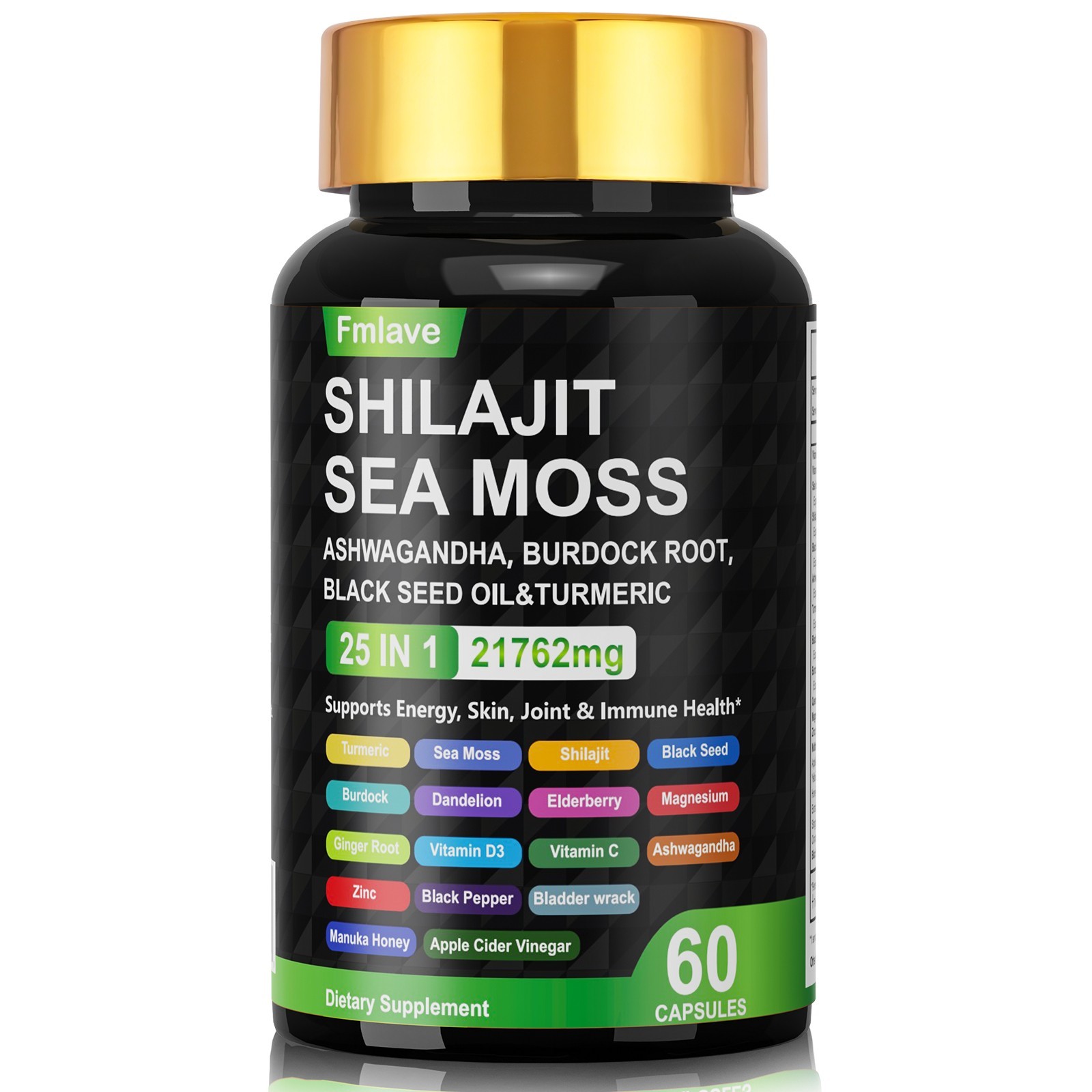 Sea Moss, Black Seed Oil, Ashwagandha, Turmeric Ginger Shilajit Burdock 60 caps