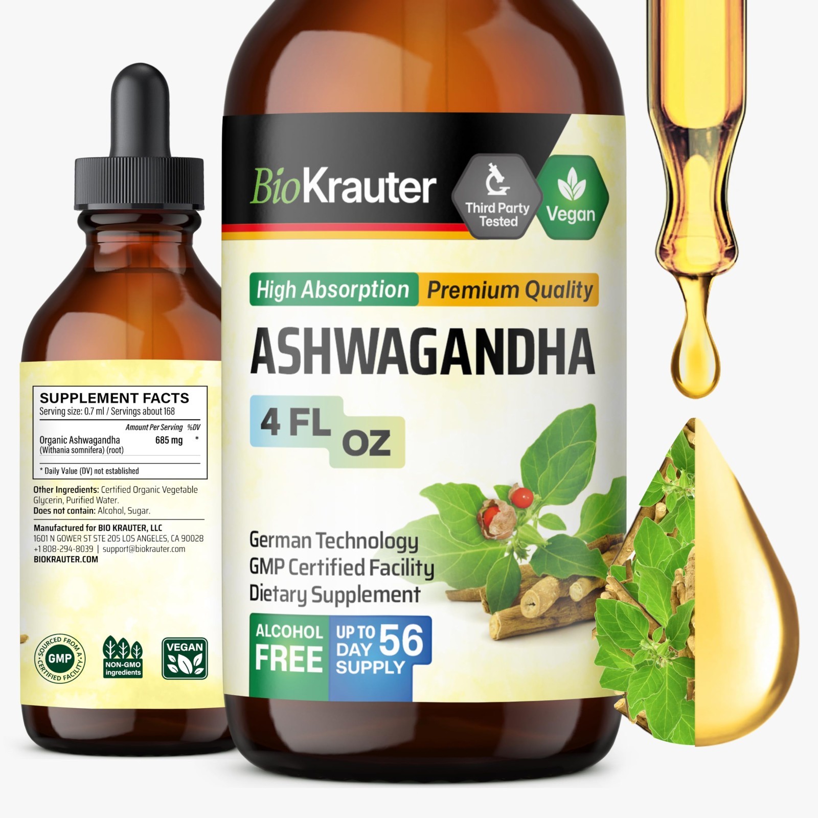 Vegan Ashwagandha Liquid Drops – 685mg, 4 Fl Oz, Mood & Relaxation Support, 56-D