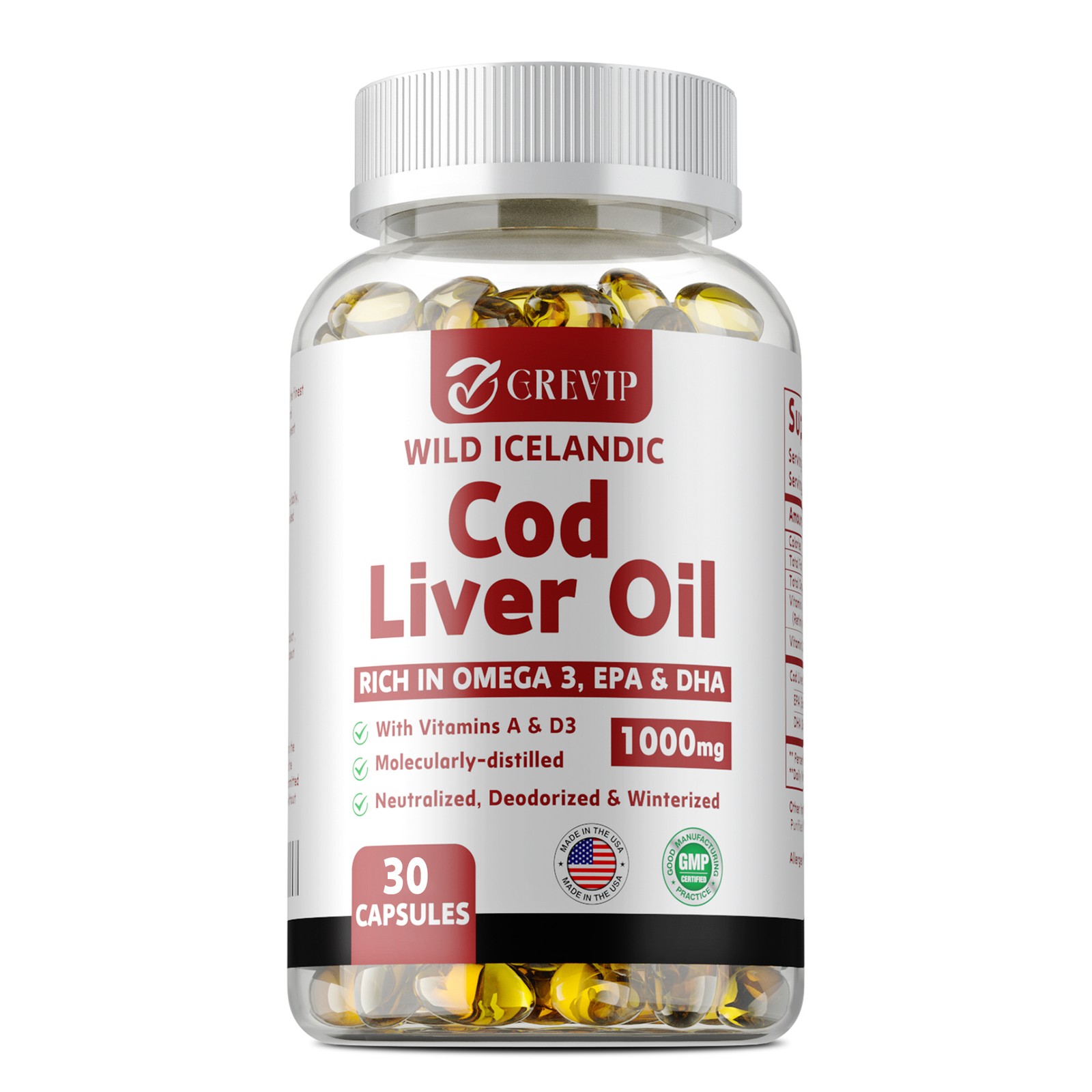 Wild Icelandic Cod Liver Oil Capsules 1000mg – Omega-3 EPA, DHA , Vitamin A & D3
