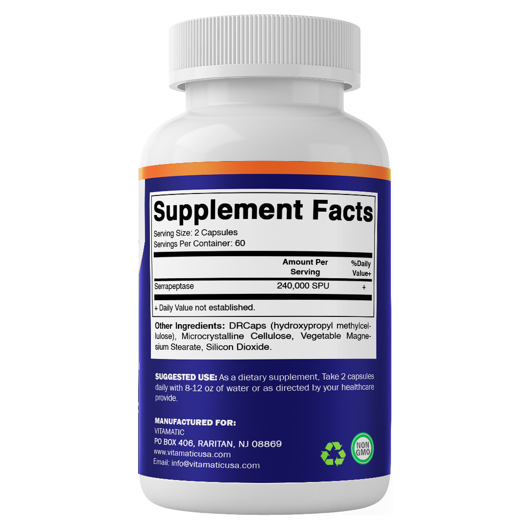 Vitamatic Serrapeptase 240,000 SPU Servings, 120 Delayed Released Capsules-2 Pac