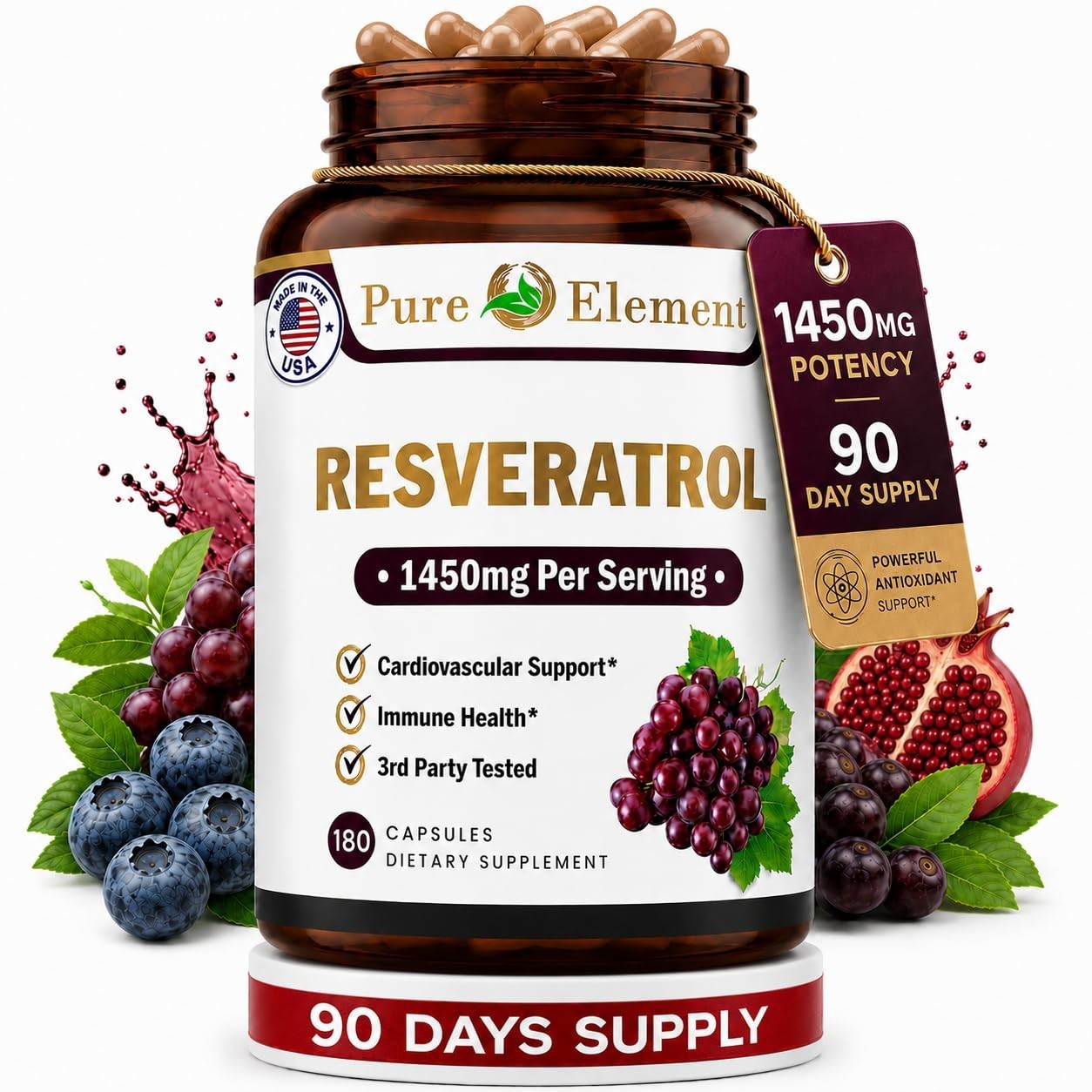 Extra Strength Resveratrol 1450mg for Skin & Immunity Support, 90-Day Supply