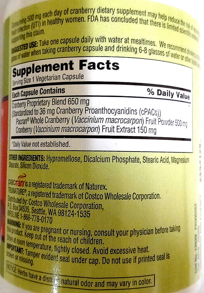 Trunature One Per Day CRANBERRY 650 mg 140 Capsules EXP 10/2025