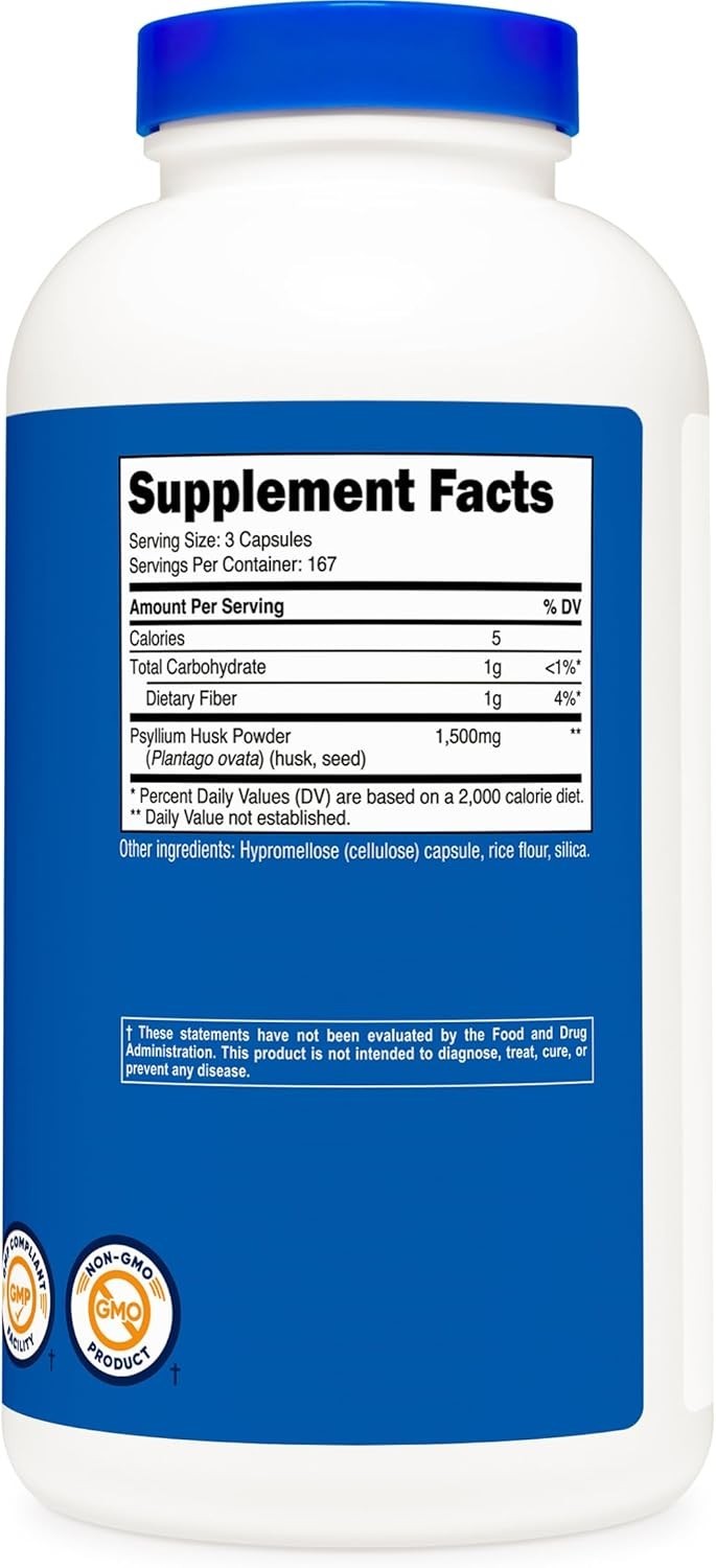 Psyllium Husk 1500mg Per Serving, 500 Capsules – Non-GMO & Gluten Free