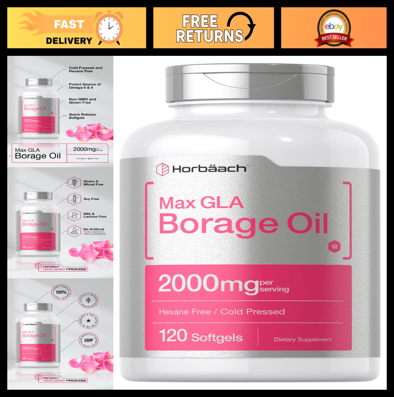 Borage Oil Capsules 2000mg | 120 Softgels | 320mg GLA | Cold Pressed Seed Oil Su