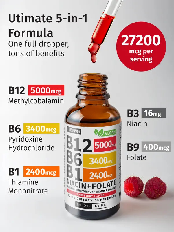 Nusava Vitamin B complex – B 12, B 6 & B 1 + Niacin & Folate 60ML Free Shipping