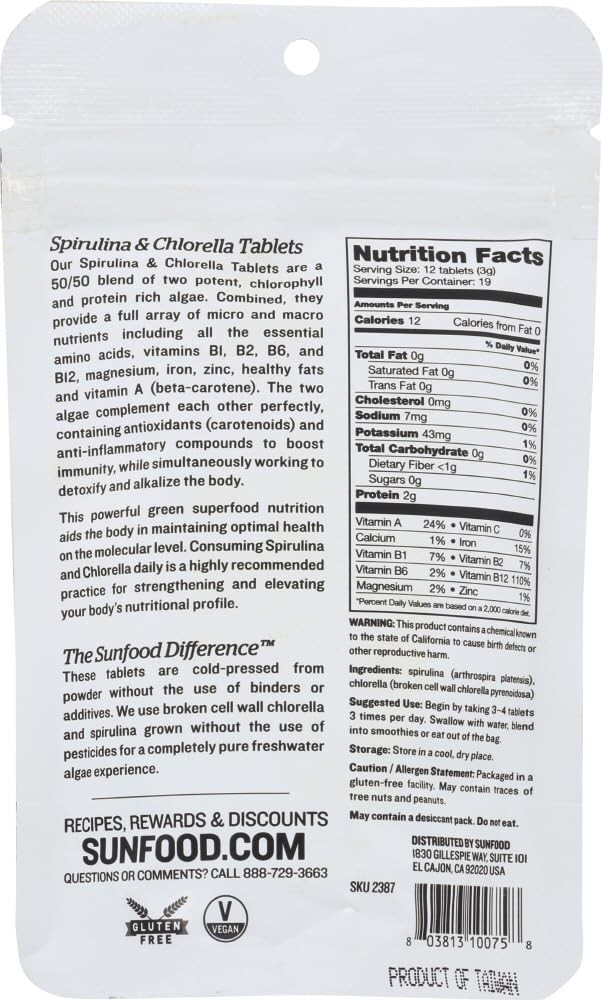 Sunfood Chlorella Spirulina Tablets – Spirulina and Chlorella Powder Pills, G…