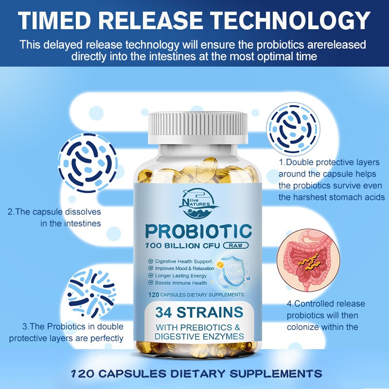 Probiotics Digestive Enzymes 100 Billion CFU Potency Immune Health 120 Capsules