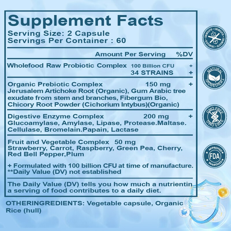 Probiotics Digestive Enzymes 100 Billion CFU Potency Immune Health 120 Capsules