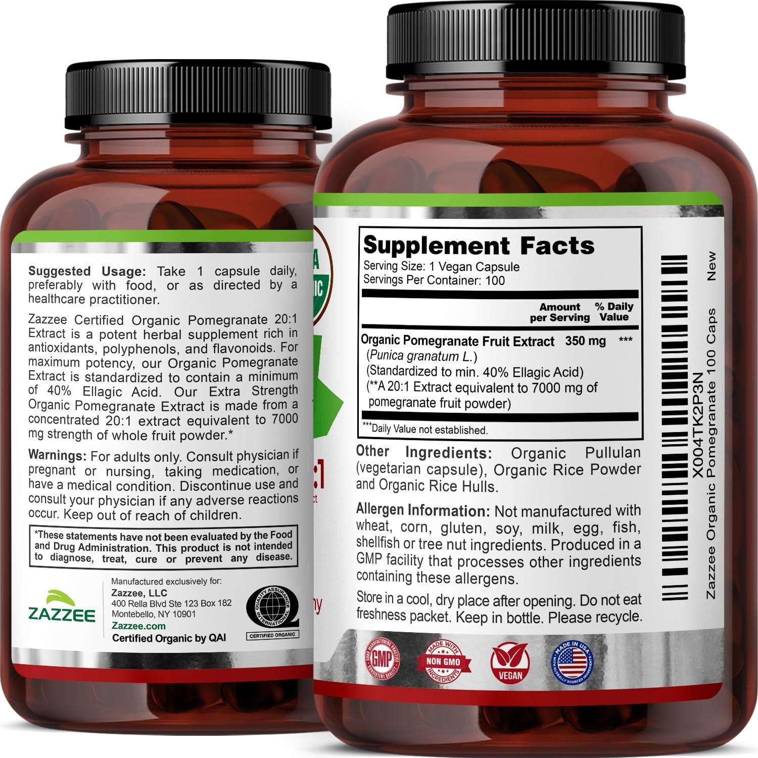 Zazzee USDA Organic Pomegranate 20:1 Extract 7000mg 40% Ellagic Acid