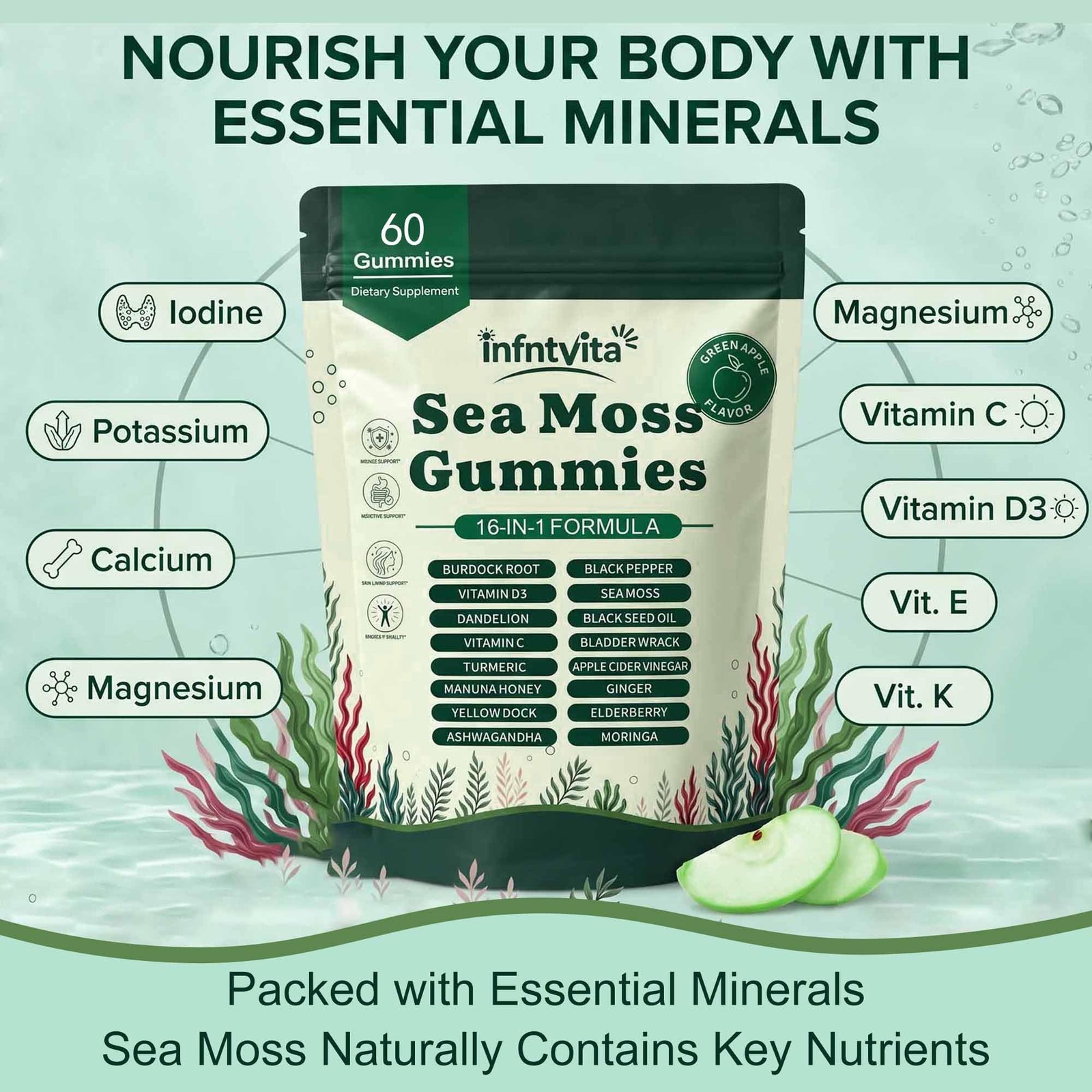 YALGET Sea Moss Gummies 16-in-1 with Ashwagandha, Black Seed Oil, Ginger, Tur…