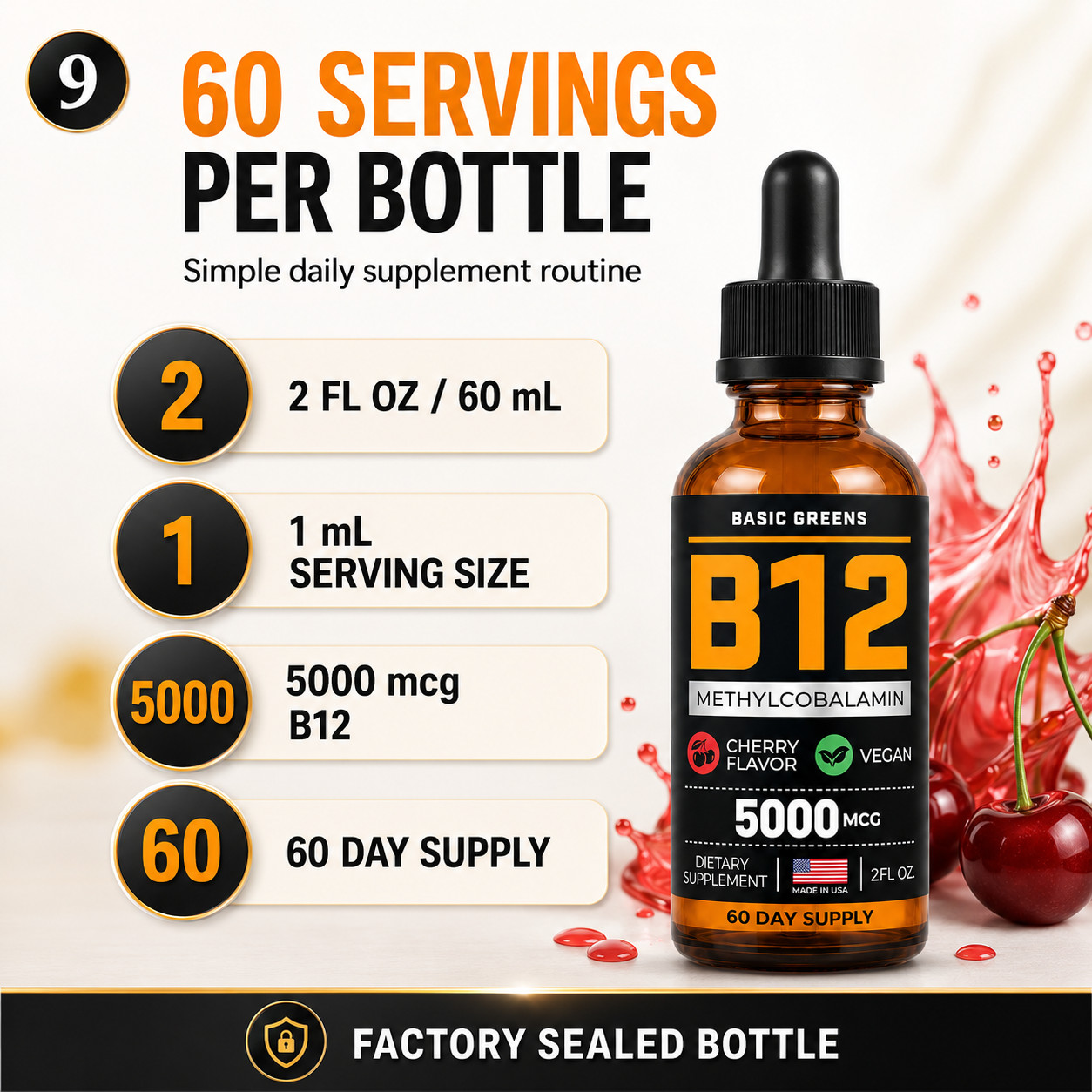 BASIC GREENS B12 Liquid Drops 5000mcg Sublingual Methylcobalamin Vegan 2oz