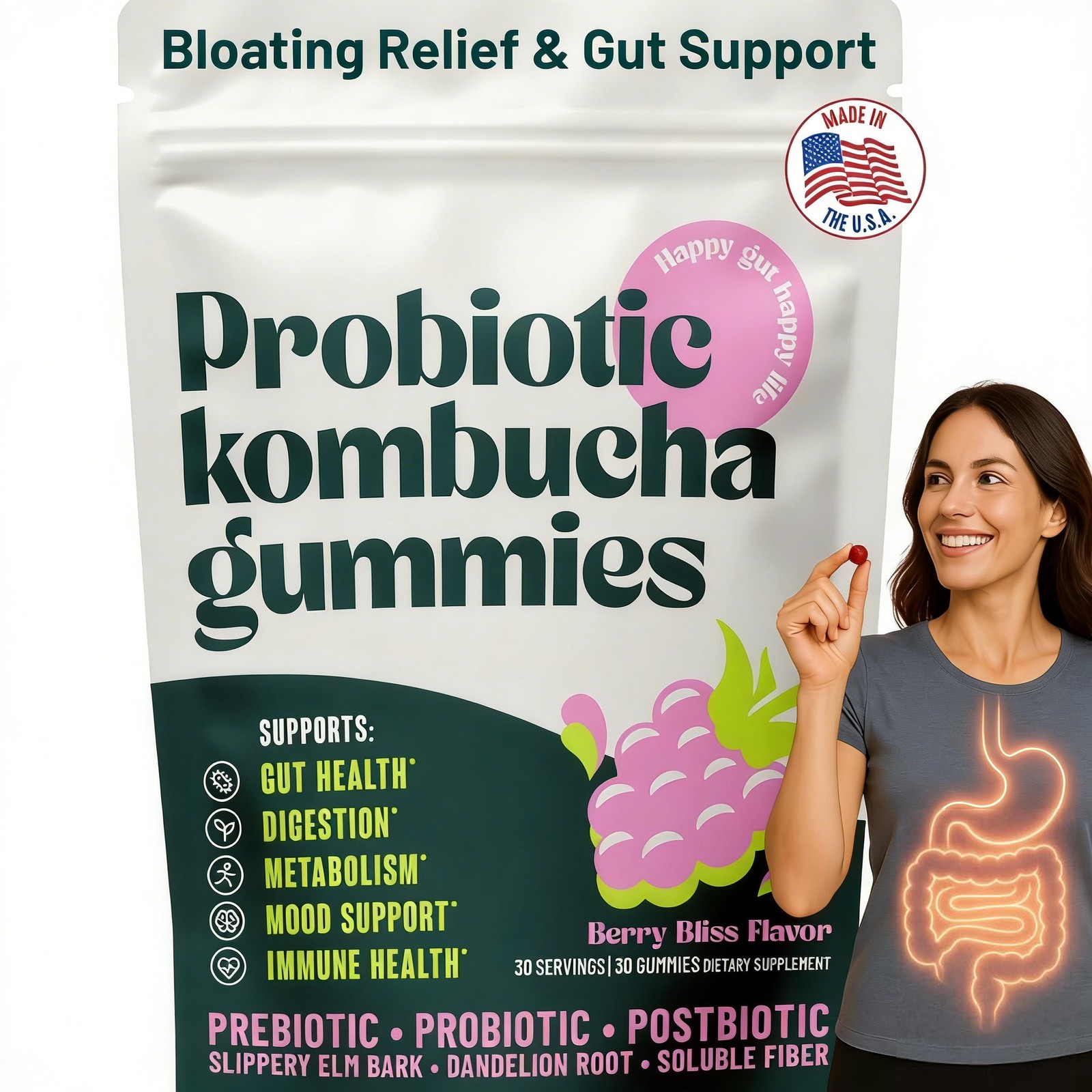 Probiotic Kombucha Gummy – Prebiotics, Probiotics, Postbiotics, Fiber Supplement