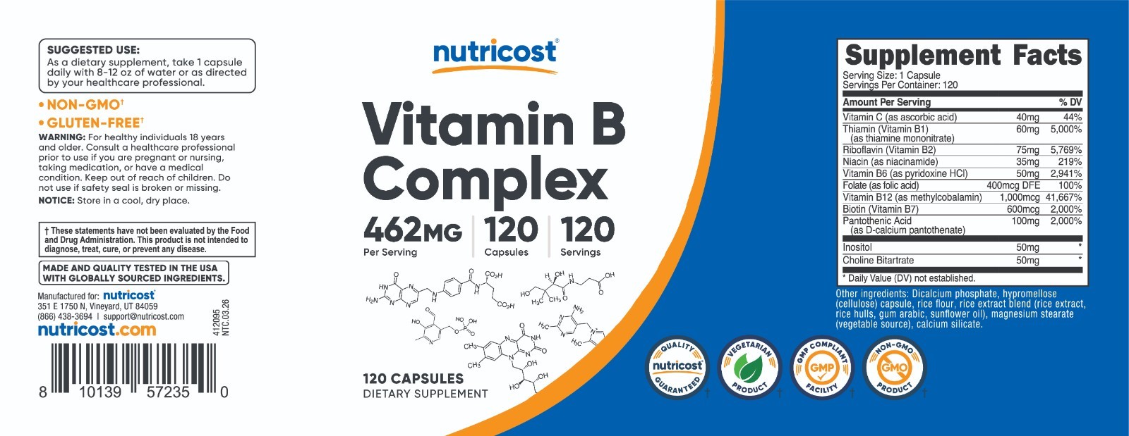 Nutricost Vitamin B Complex 460mg, 120 Capsules With Vitamin C – High Potency