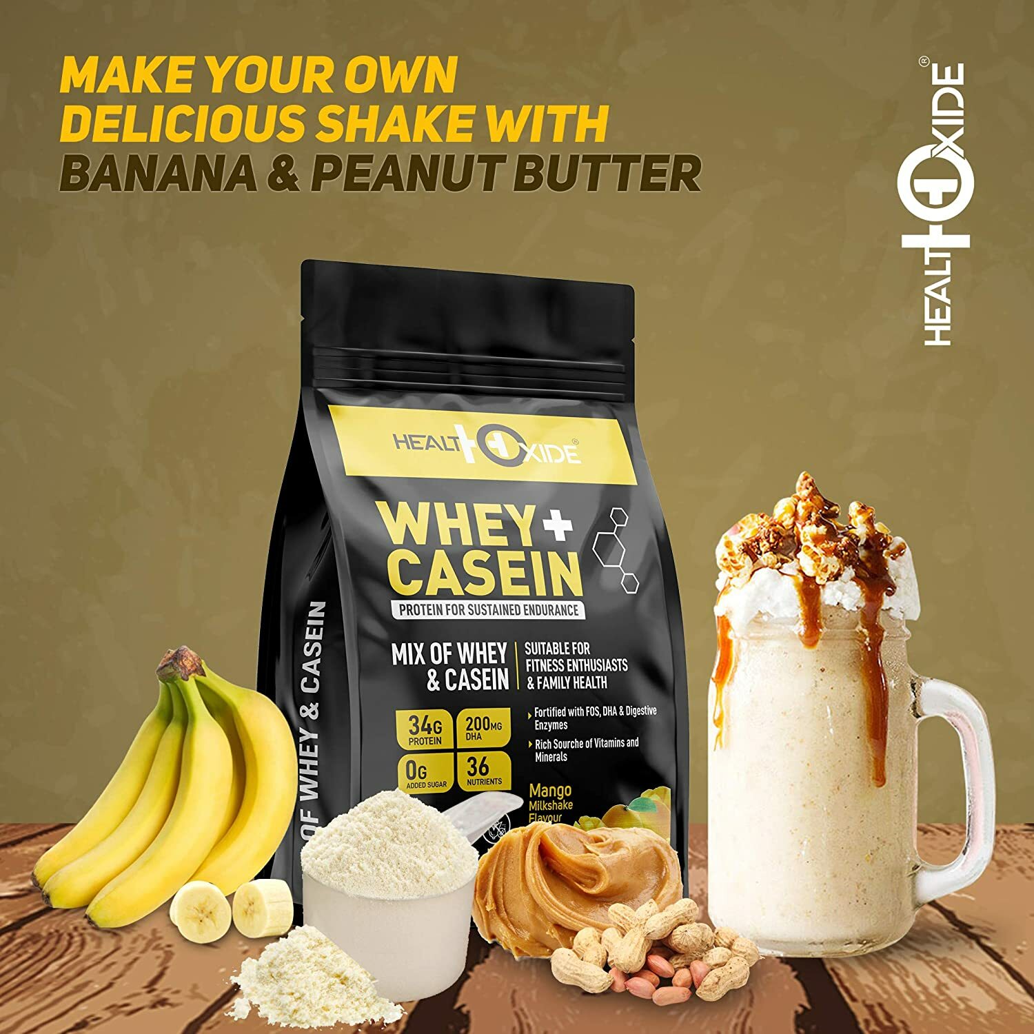 Healthoxide Whey & Casein Protein With DHA & Digestive Enzymes – 500 Gm