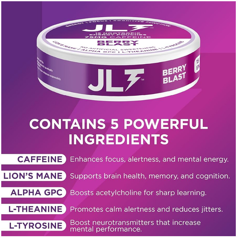 JLT 75 mg Caffeine Nootropic Pouches Energy Pouches with Caffeine 5 PACK