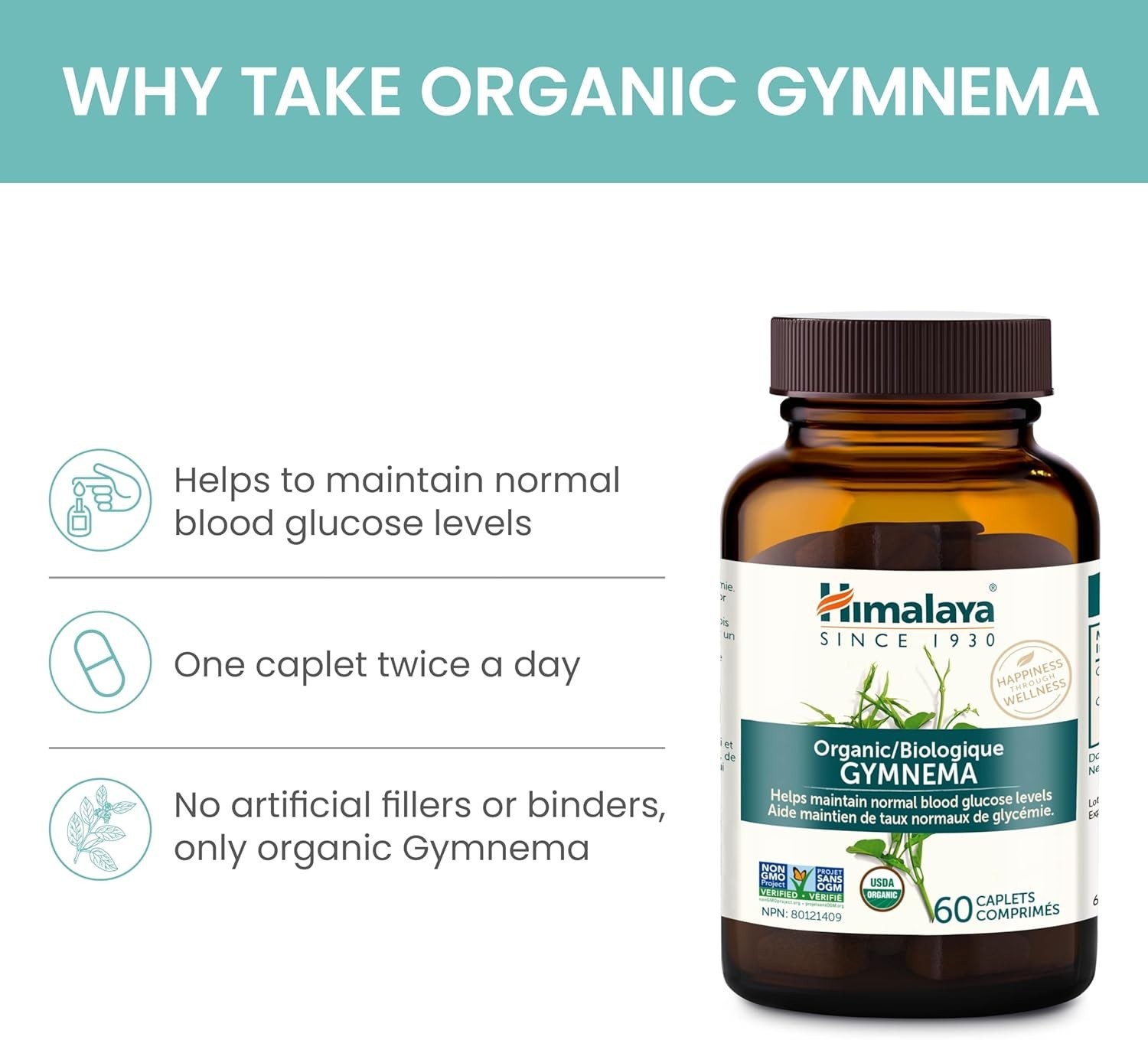 Himalaya Organic Gymnema USDA Certified Organic 60 Caplets Each (Pack of 3)