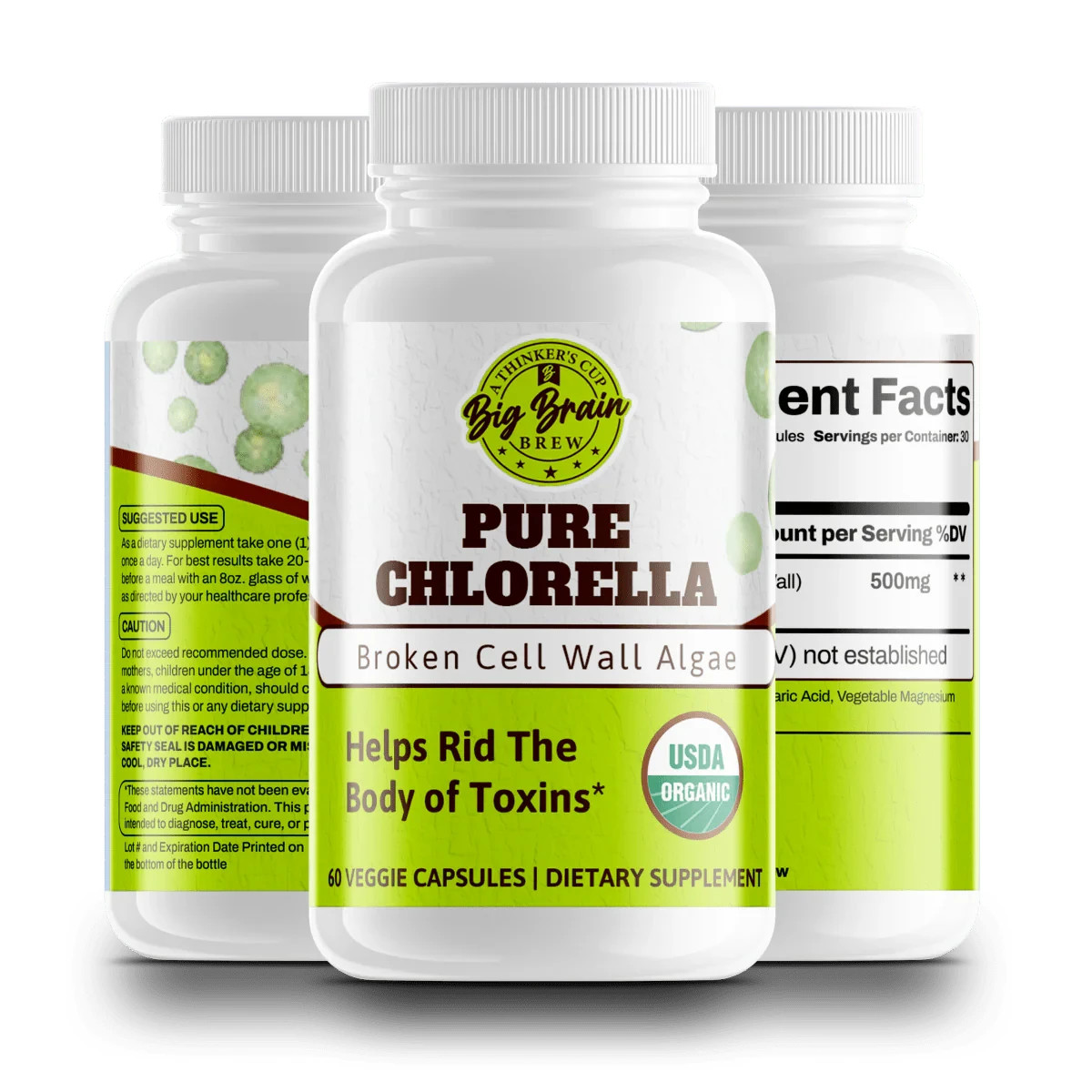 Big Brain Brew Pure Chlorella 500mg 60 Veggie Capsules Broken Cell Wall Algae