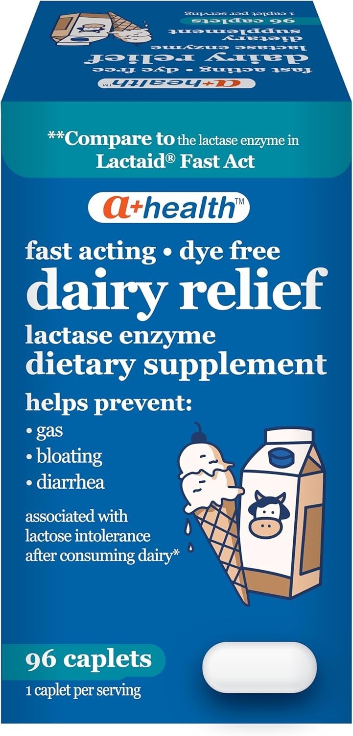 Dairy Relief Lactase Enzyme 96 Count, 9000 Caplets, Fast Acting, Dye-Free, D…