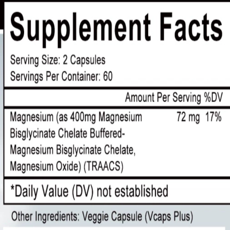 Magnesium Bisglycinate 72mg High Absorption Chelated-30/60/120Vegan Capsules