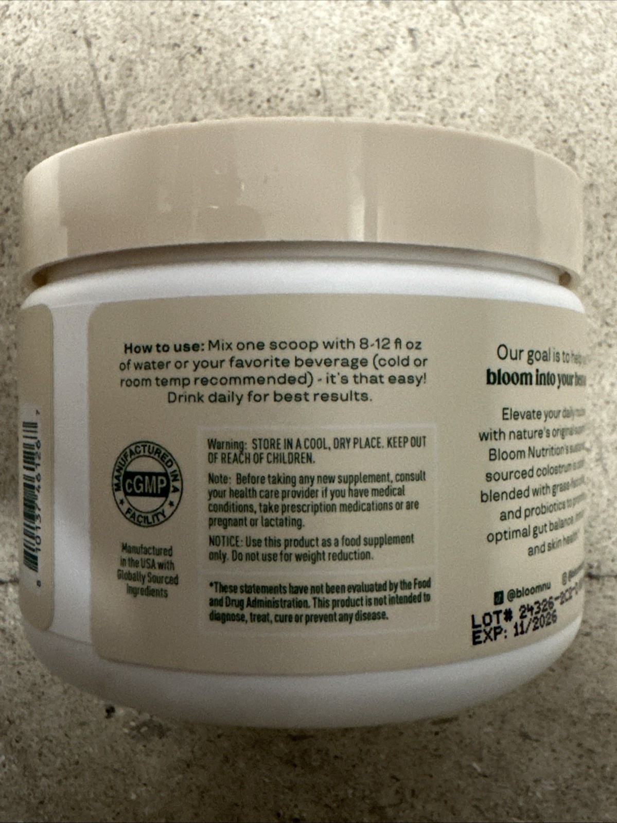 Bloom Colostrum & Collagen Peptides Unflavored 25 Sv 4.16 OZ 11/2026
