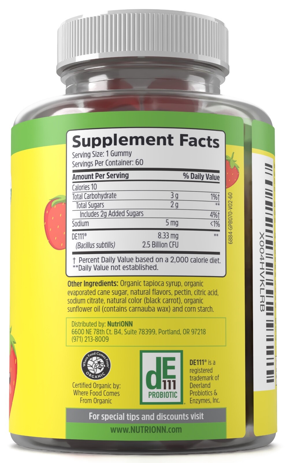 Kids Probiotic Gummies – USDA Organic & Vegan – 2.5 Billion CFU of DE111®