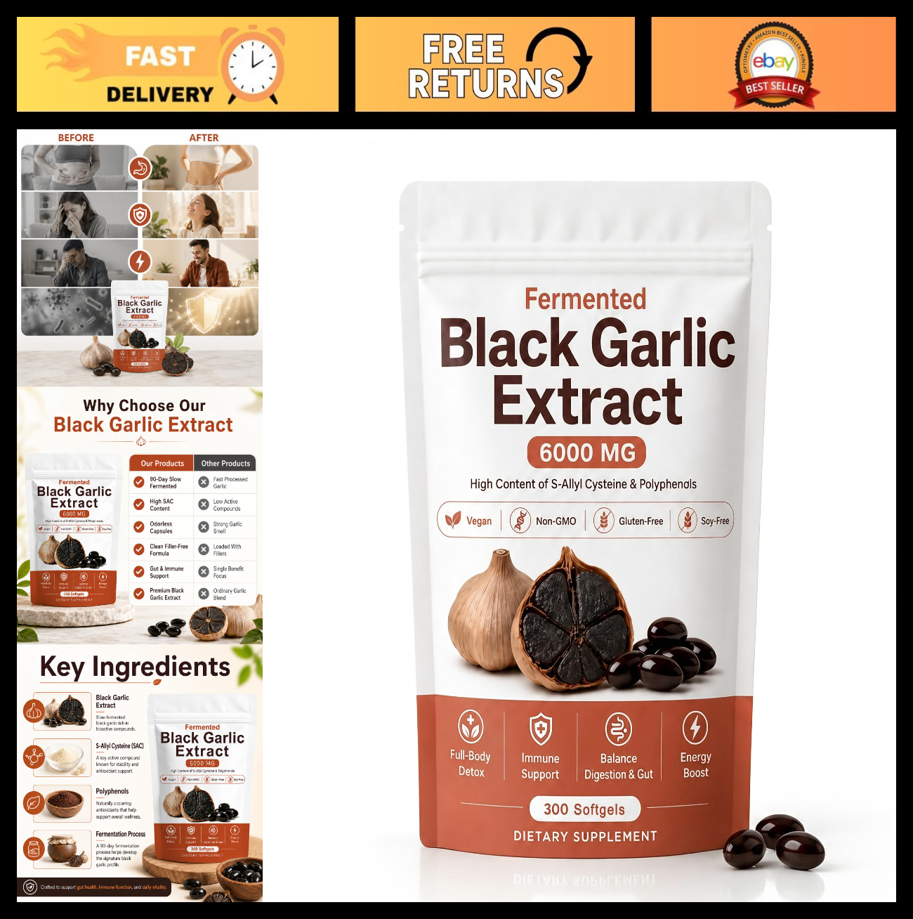 Natural Fermented Black Garlic Extract – Odorless Aged Garlic, 300 Softgels, Imm