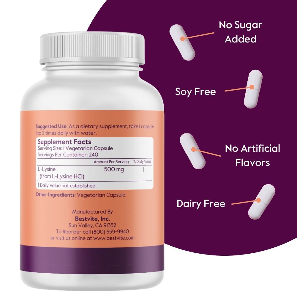 L-Lysine 500mg (240 Vegetarian Capsules)-No Fillers-Vegan-Non GMO-Gluten Free