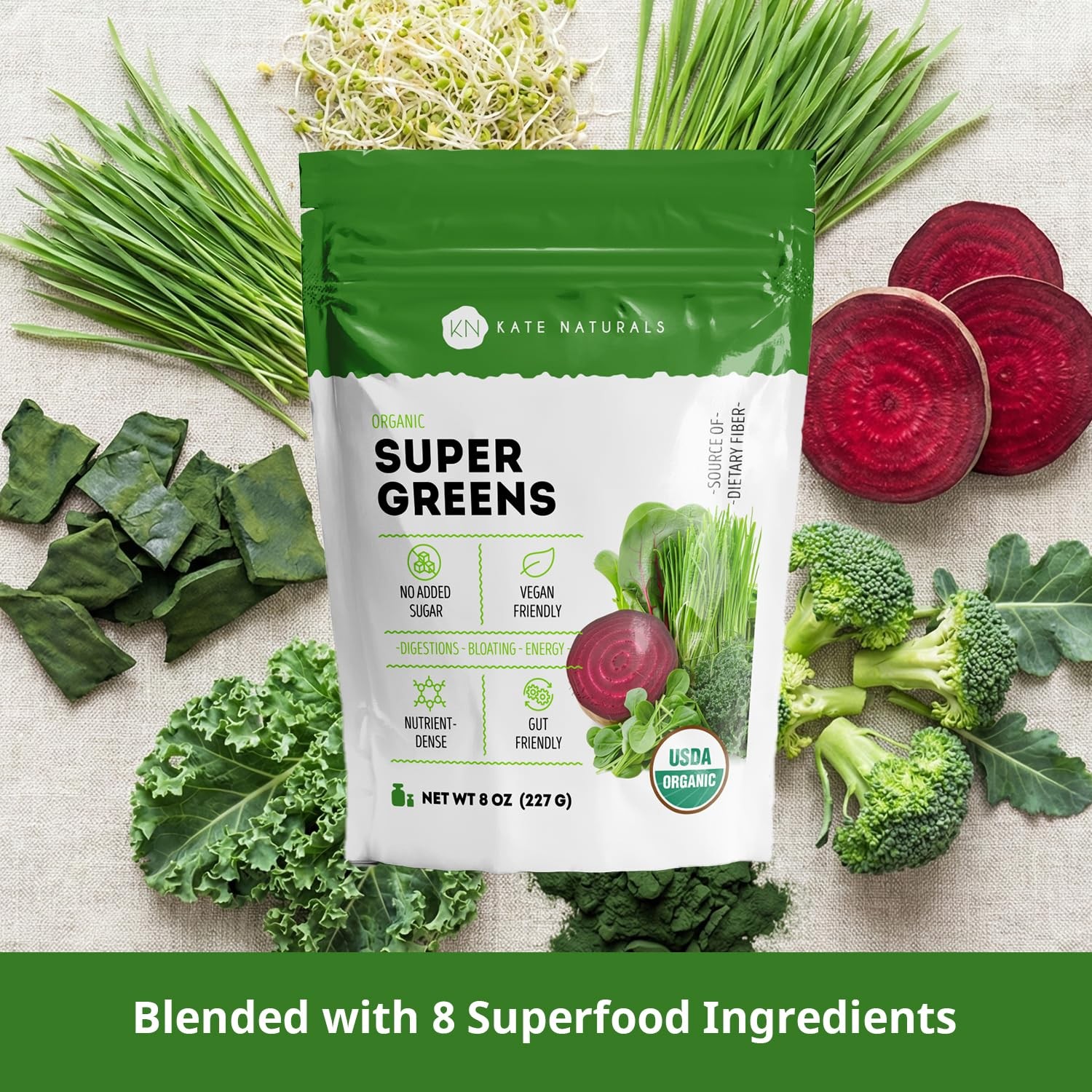 Kate Naturals Organic Super Greens Powder. Daily 8 Ounce (Pack of 1)