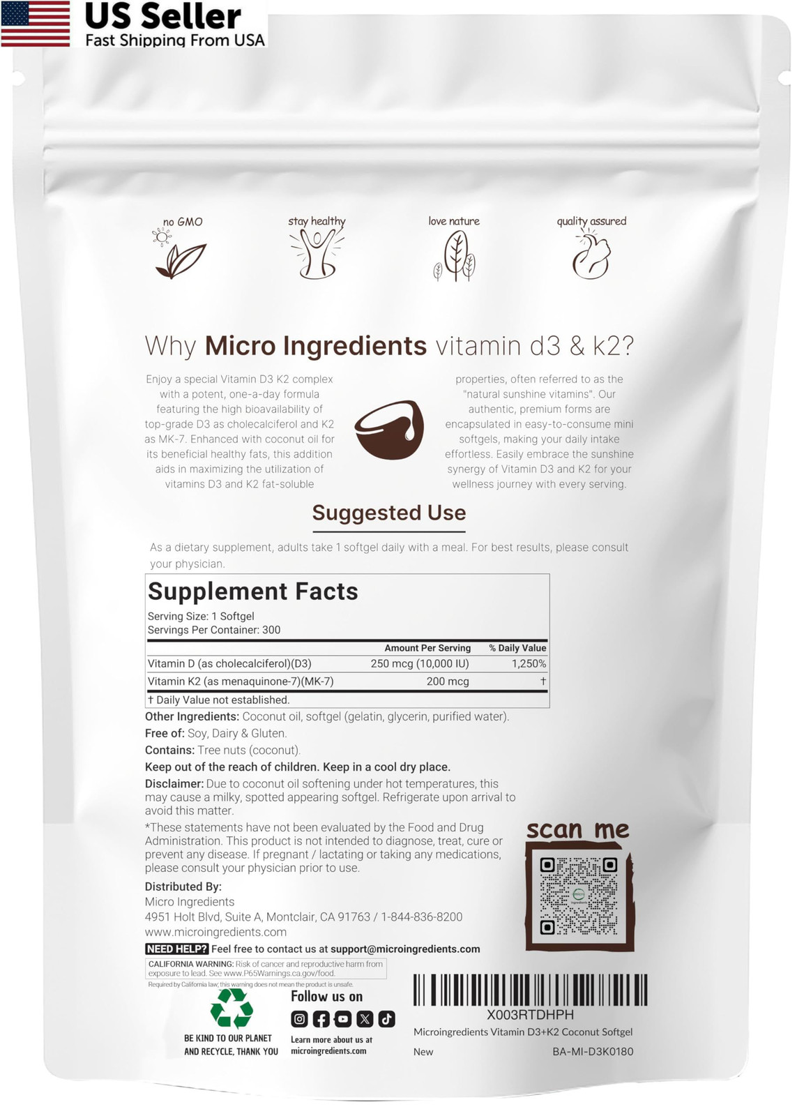 Micro Ingredients Vitamin D3 10,000 IU + K2 MK-7 200 300 Count (Pack of 1)