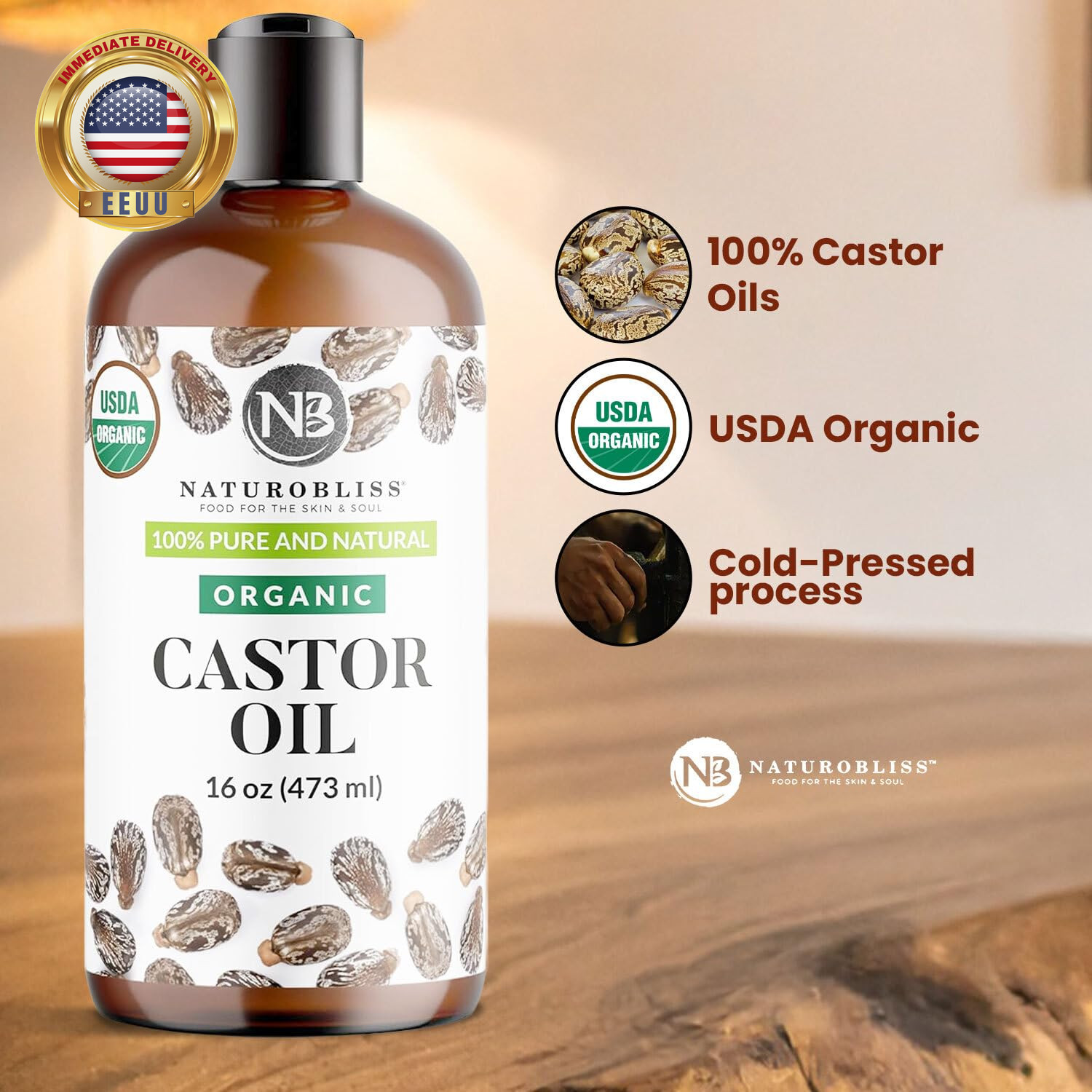 Organic Castor Oil 16 Oz – 100% Pure, Expeller-Pressed, Hexane-Free – Value Size