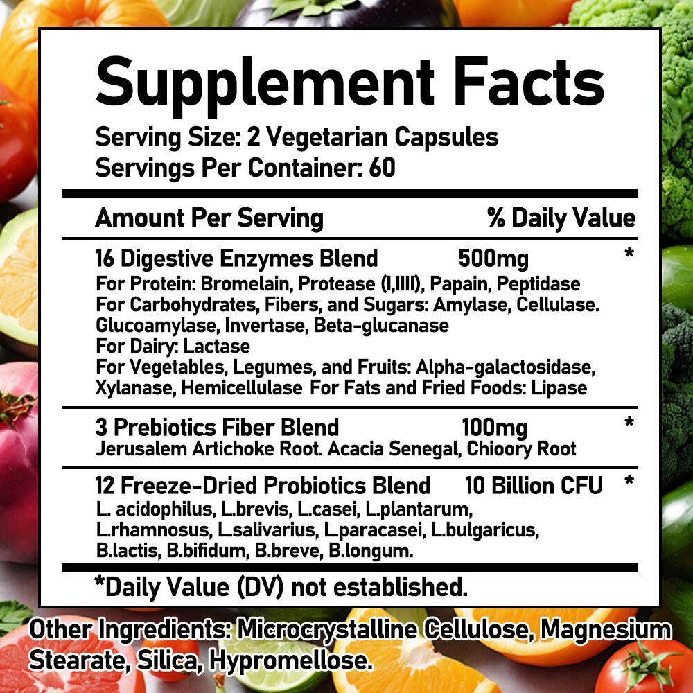 16 Digestive Enzymes Blend 500mg-16 ENZYMES +10 BILLION CFU PROBIOTICS