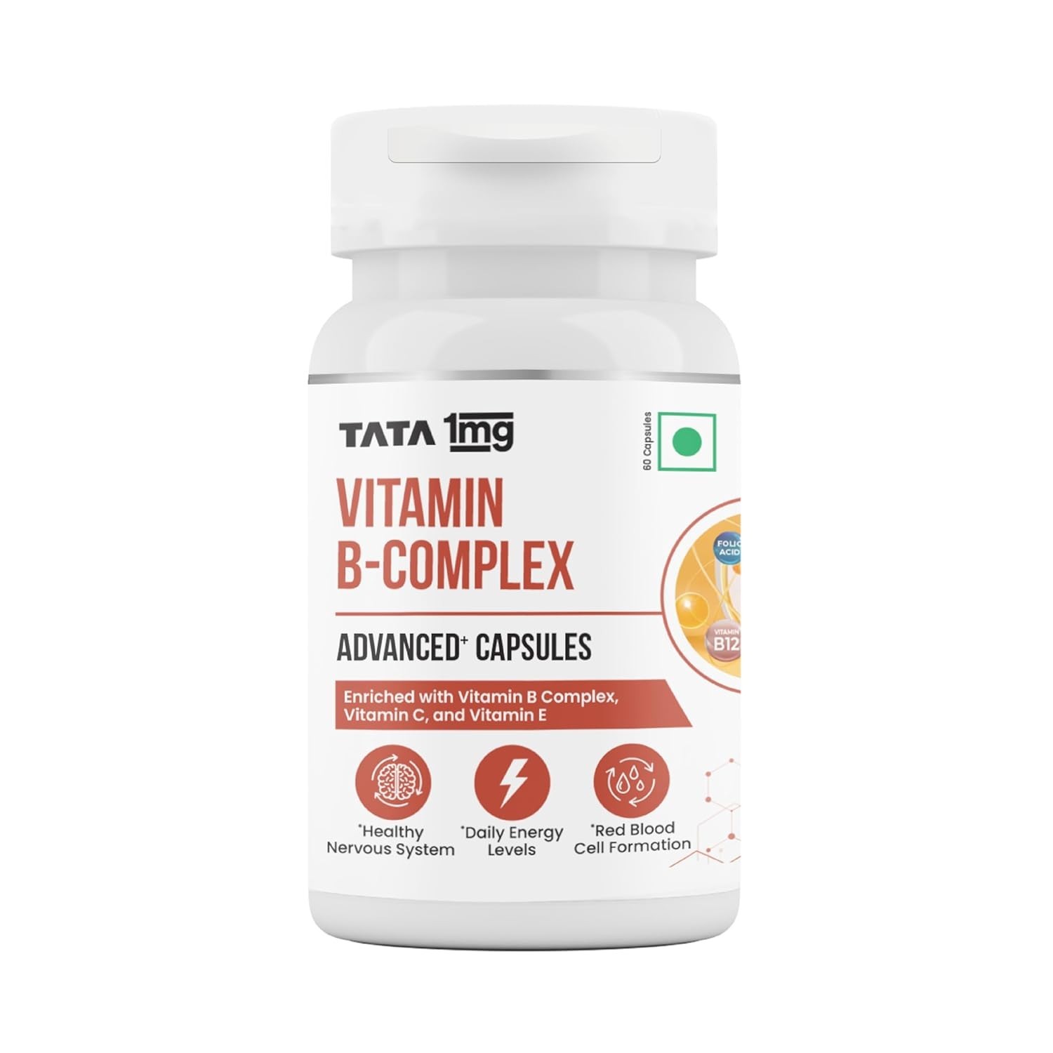 TATA 1mg Vitamin B Complex Capsules 100% RDA for B1,B2,B3,B5,B6,Biotin 60caps