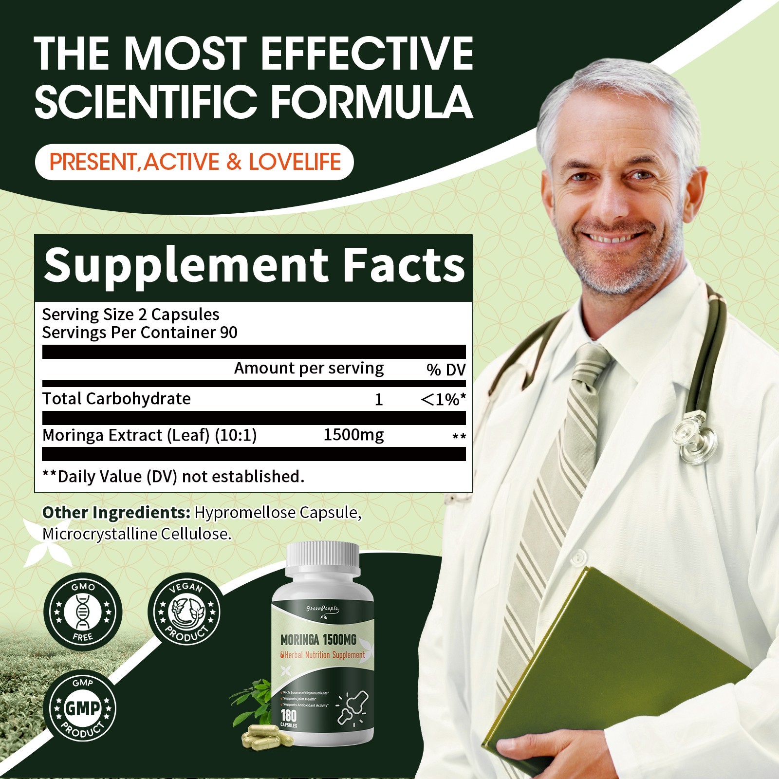 Organic Moringa 10:1 Extract, Moringa Oleifera 1500 mg Strength, 180 Capsules,