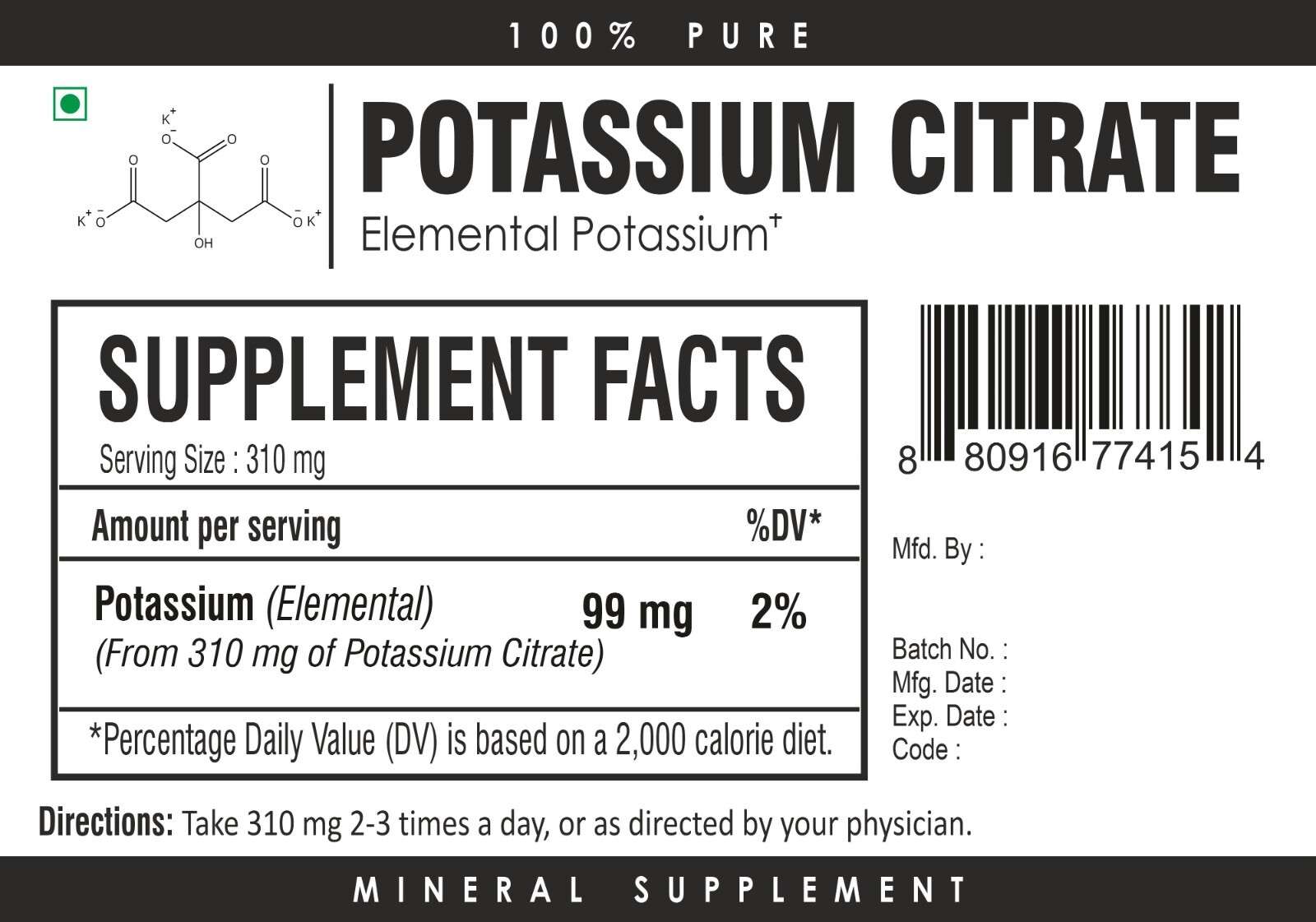 Potassium Citrate Powder – Essential Potassium – Unflavored – 310mg per serving