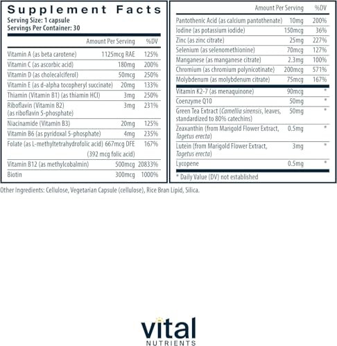 Vital Nutrients Once Daily Multivitamin Vegan Women Men 30 Capsules