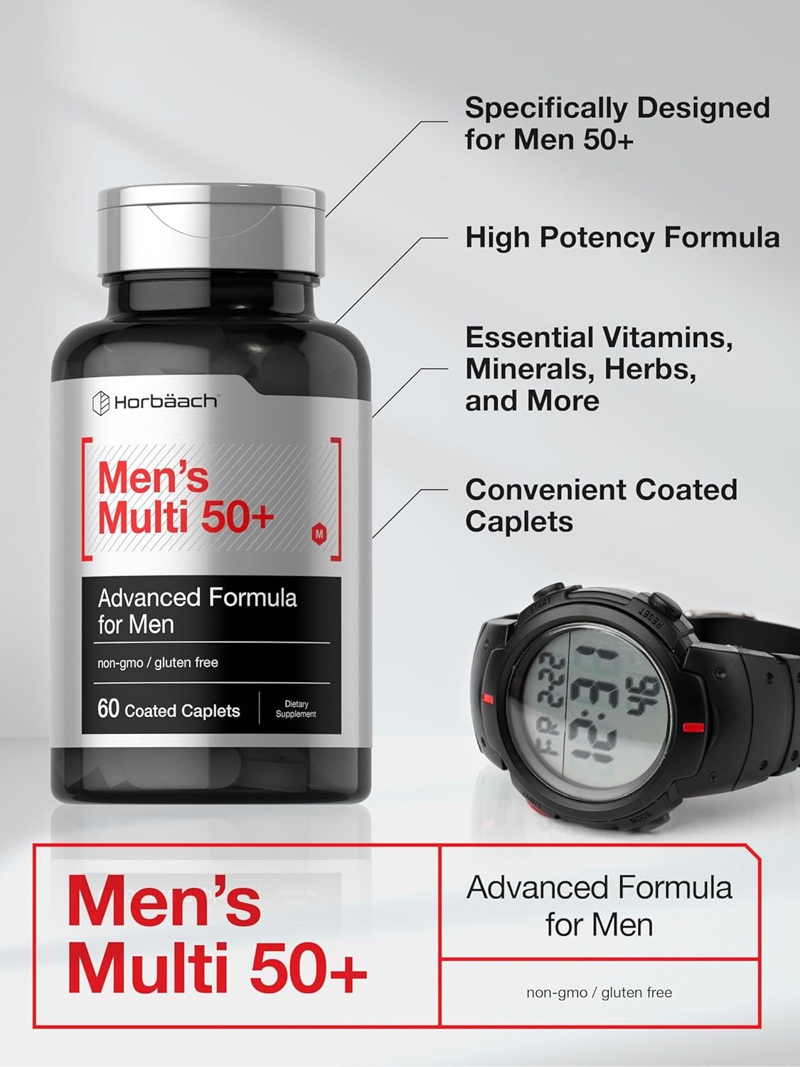 Men’s Multivitamin 50 Plus | 60 Caplets | Non-GMO & Gluten Free | by Horbaach