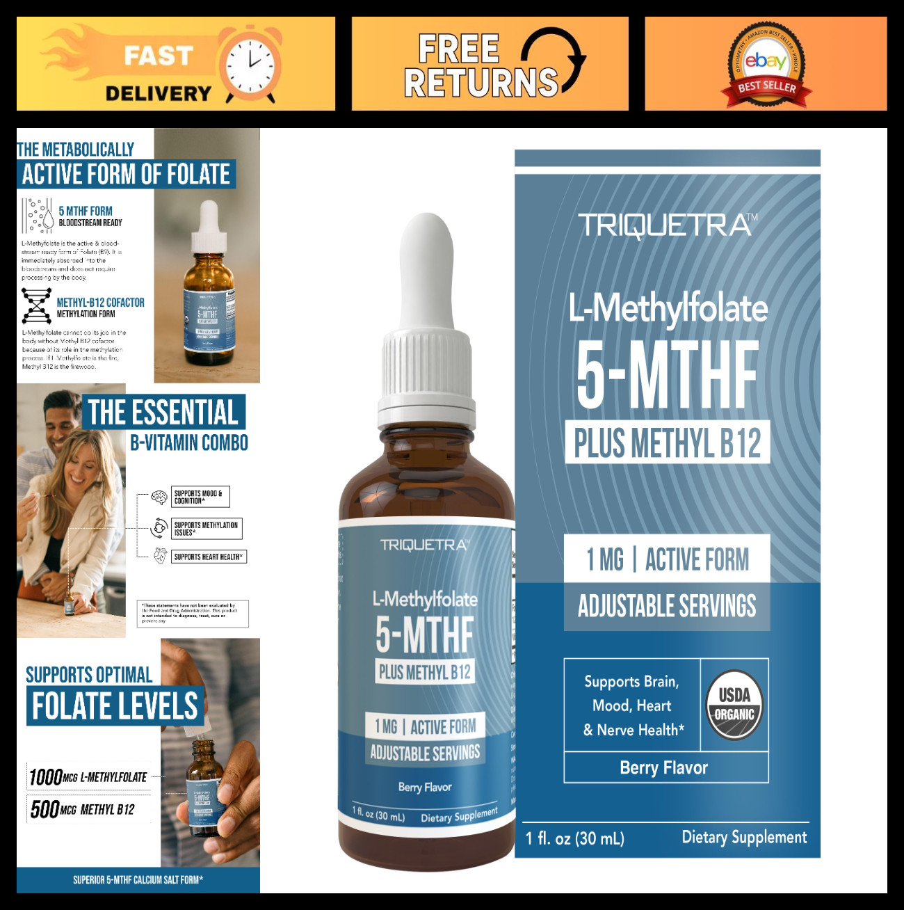 Organic Methyl Folate 1000mcg + Methyl B12 – 300 Servings, Liquid Sublingual, Be