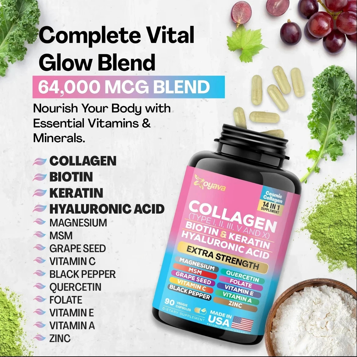 Collagen Peptides Type I II III V X – Biotin, Keratin, Hyaluronic Acid