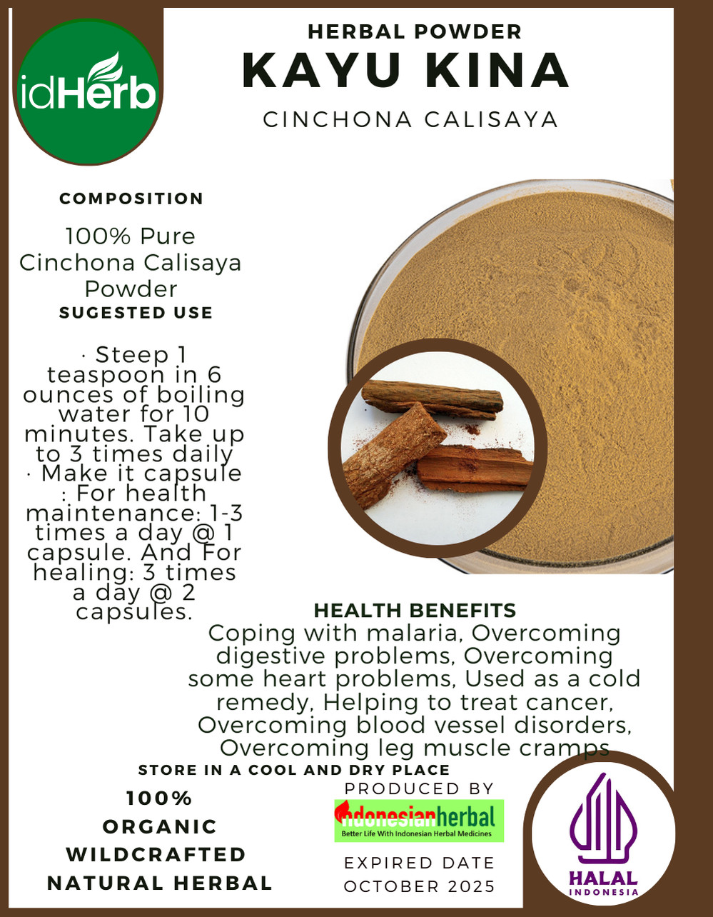 [idHerb] 50-500 gram Powder Peruvian Bark Quinine Cinchona Calisaya WildCrafted