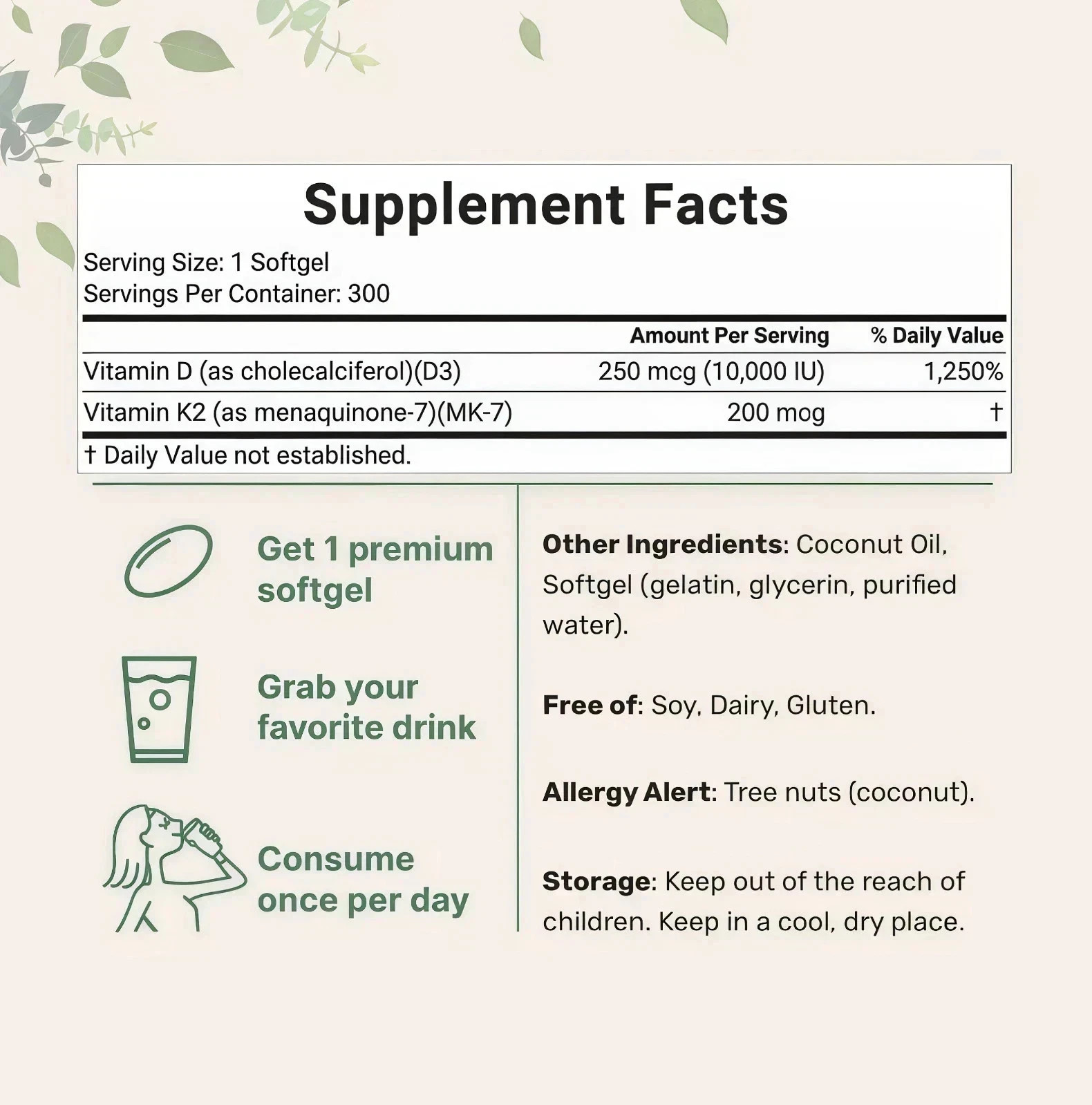 2 PCS Vitamin D3 10000 iu Plus K2 (MK-7) 200 mcg,300 Virgin Coconut Oil Softgels