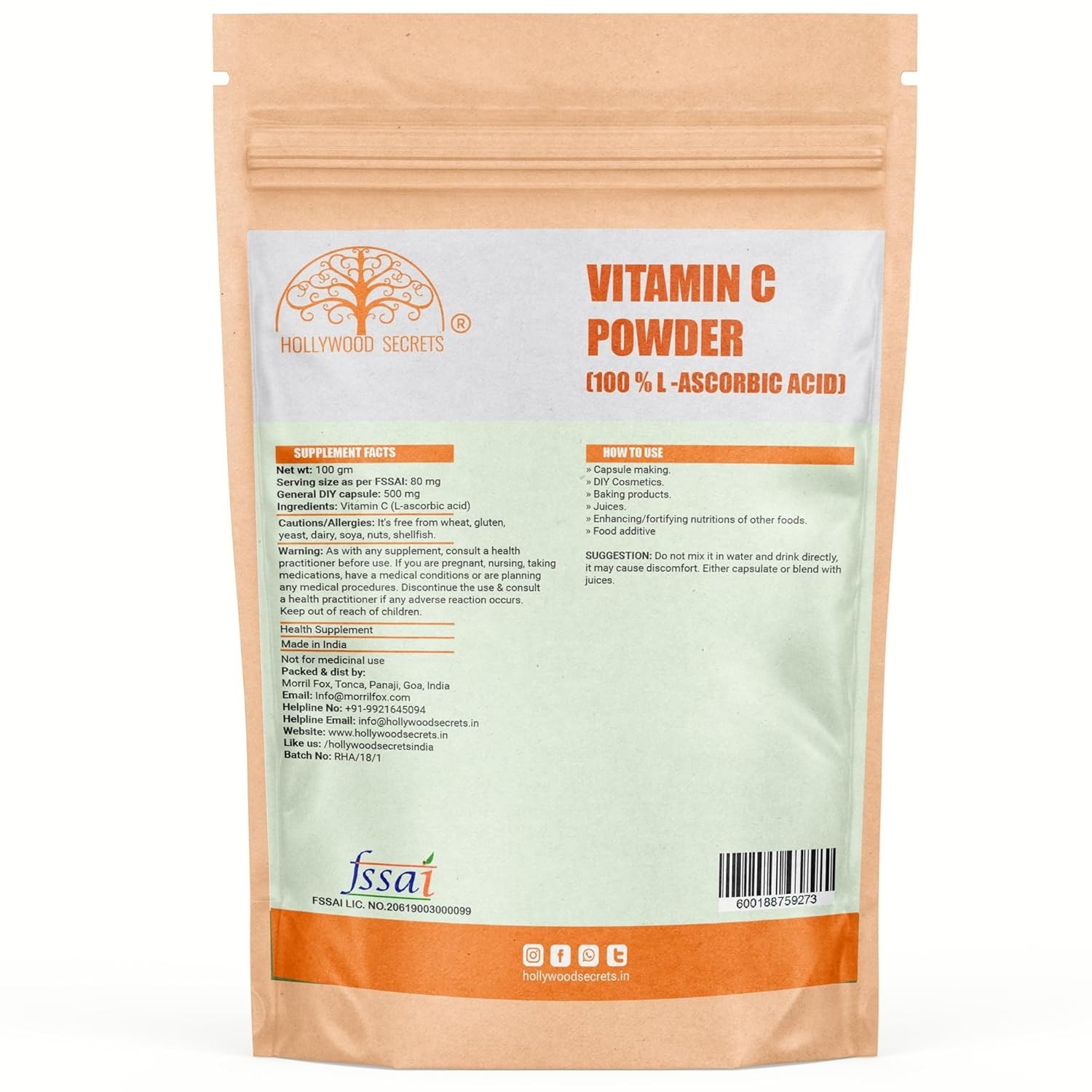 100% Pure Vitamin C Powder Ascorbic Acid – Herbal Immunity & Antioxidant – 100gm
