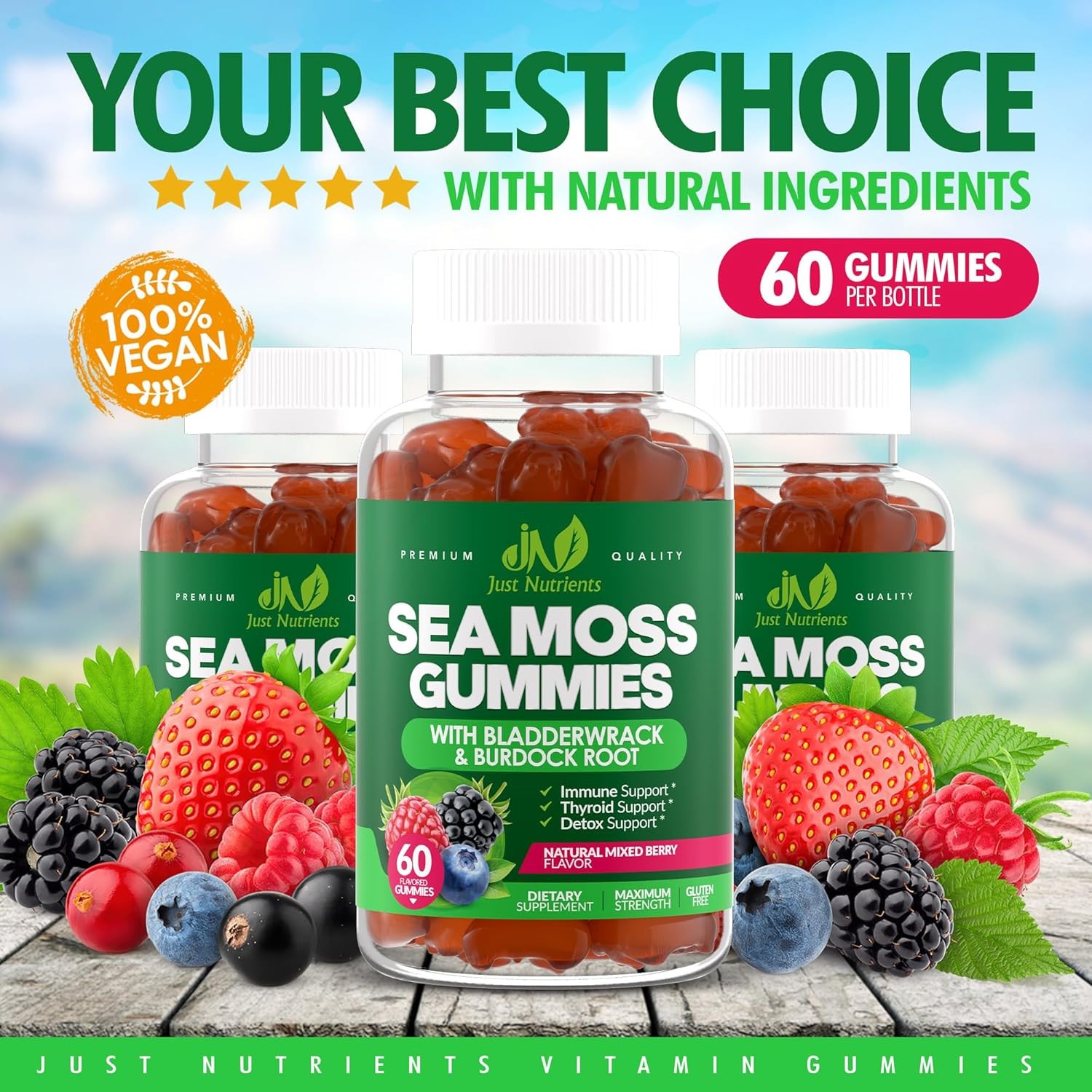 Just Nutrients Sea Moss Gummies 3000mg Vegan Mixed Berry 60 Count