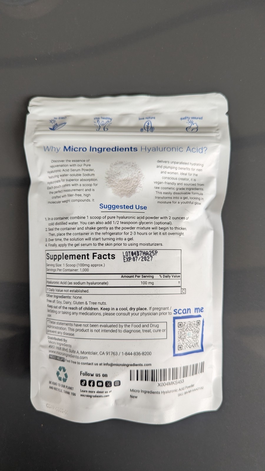Micro Ingredients Hyaluronic Acid Powder 3.52 oz (100 g) Gluten-Free Lab Tested