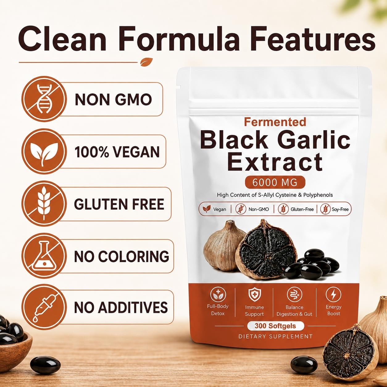 Natural Fermented Black Garlic Extract – Odorless Aged Garlic, 300 Softgels, Imm