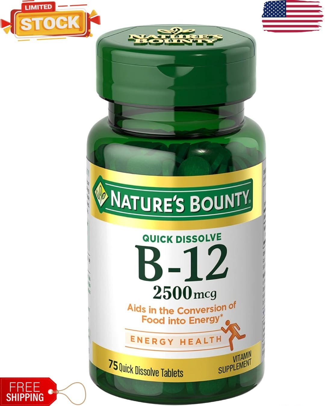 Nature’s Bounty Vitamin B12 2500 mcg, Cellular 75 Count (Pack of 1), Green