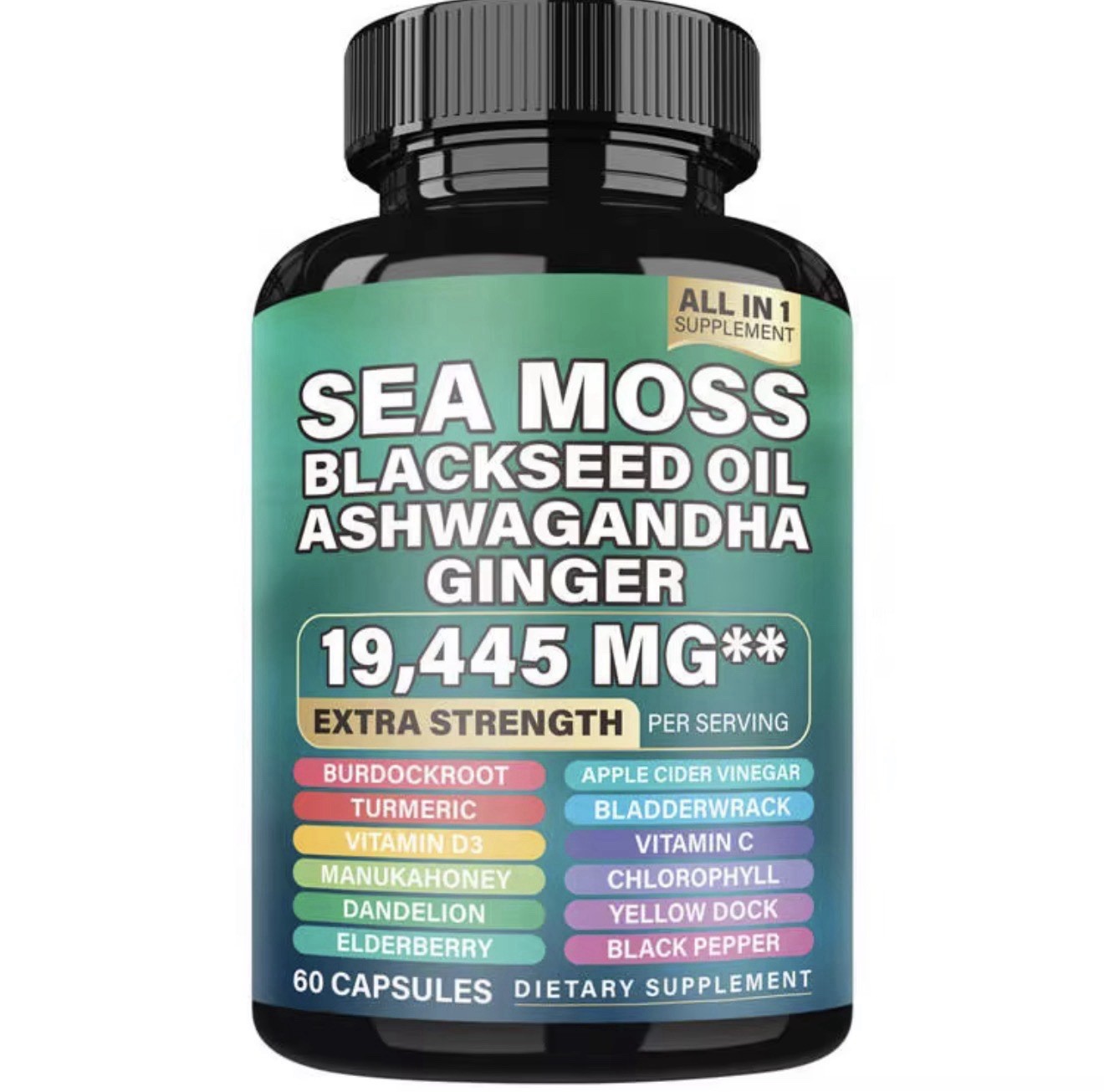 Sea Moss, Black Seed Oil, Ashwagandha, Turmeric, Ginger (16 in 1) 60 Capsules