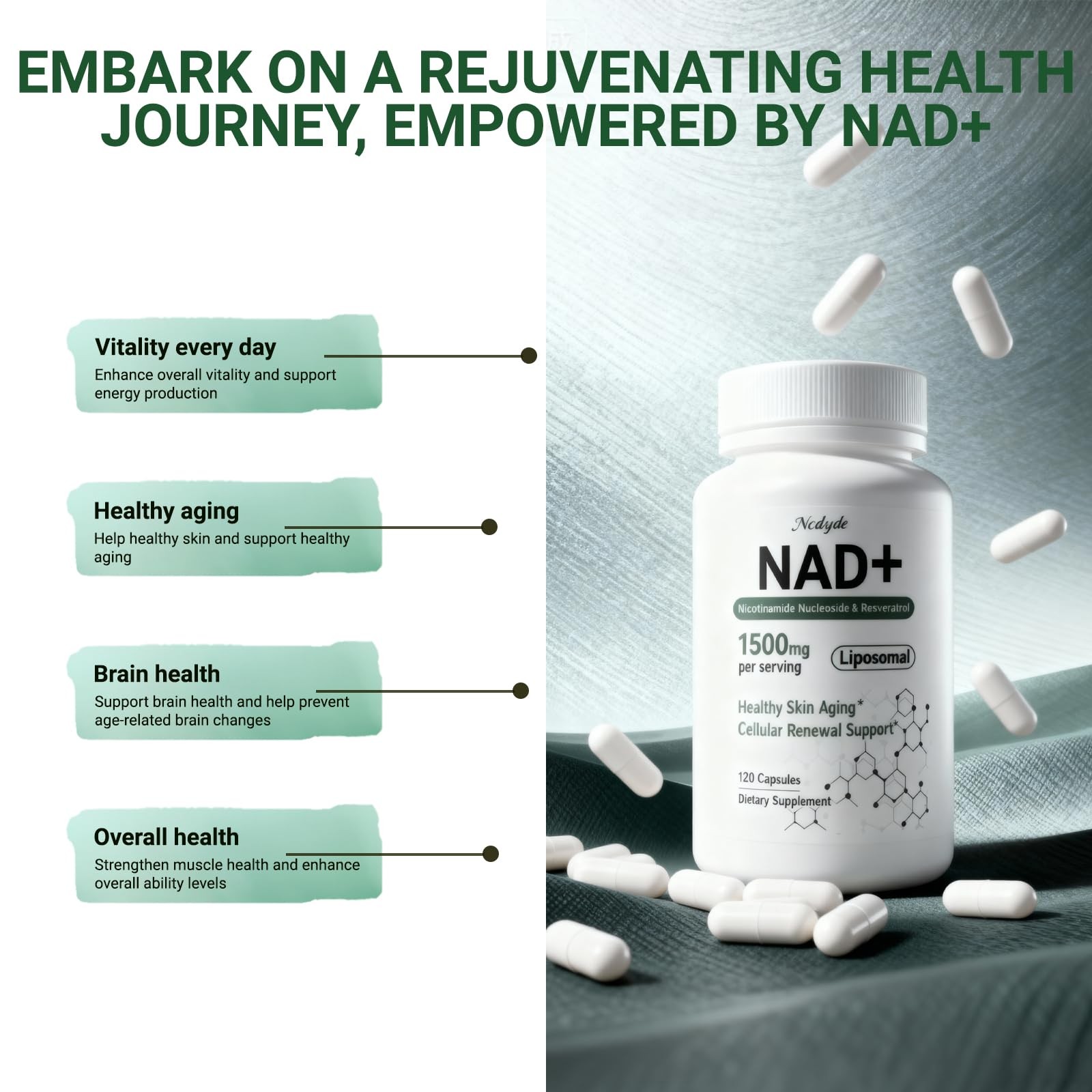 NAD+ Supplement, Liposomal NAD Nicotinamide Riboside Resveratrol 1500 mg – An…
