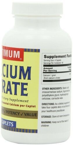Optimum Calcium Citrate Dietary Supplement Caplets Supports Bone Health 180 Each